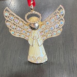 Monet Gold Angel Ornament with Red Ribbon